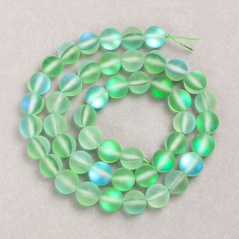 Opal Glass Beads on Thread, Smooth Round, Blue-Green Matte, Diameter 8mm +/-, Length 39cm +