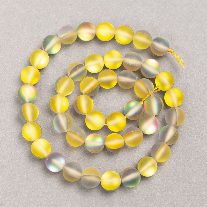 Opal Glass Beads on Thread, Smooth Round, Yellow + Grey Matte, Diameter 8mm +/-, Length 39cm +
