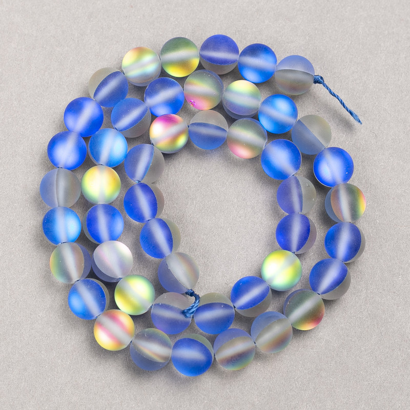 Opal Glass Beads on Thread, Smooth Round, Blue Transparent Matte, Diameter 8mm +/-, Length 39cm +