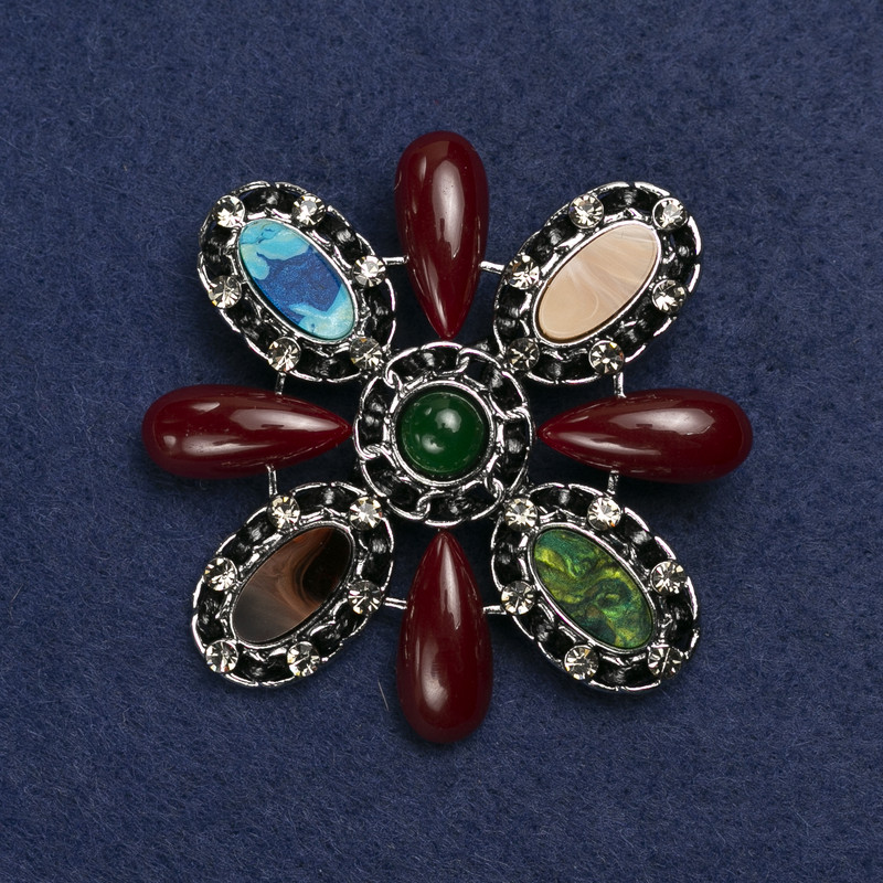Accent Brooch, Silver-tone Metal, Assorted Stones (imit.), Enamel and Rhinestones, 62mm+