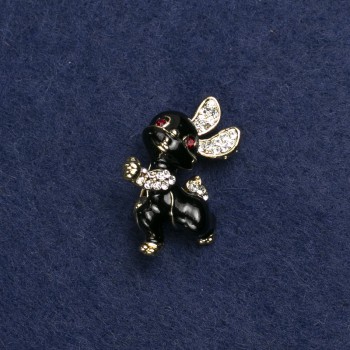 Bunny Brooch, Gold-tone Metal, Enamel and Rhinestones, 24x21mm+