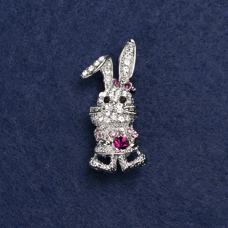 Bunny Brooch, Silver-tone Metal and Rhinestones, 42x19mm+