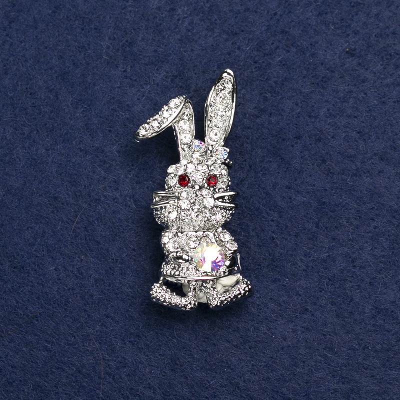 Bunny Brooch, Silver-tone Metal and Rhinestones, 42x19mm+