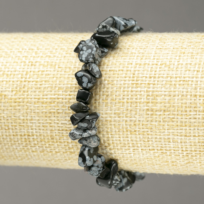 Snowflake Obsidian Apache Tears Chip Natural Stone Bracelet on Elastic, 6-8mm+ Diameter