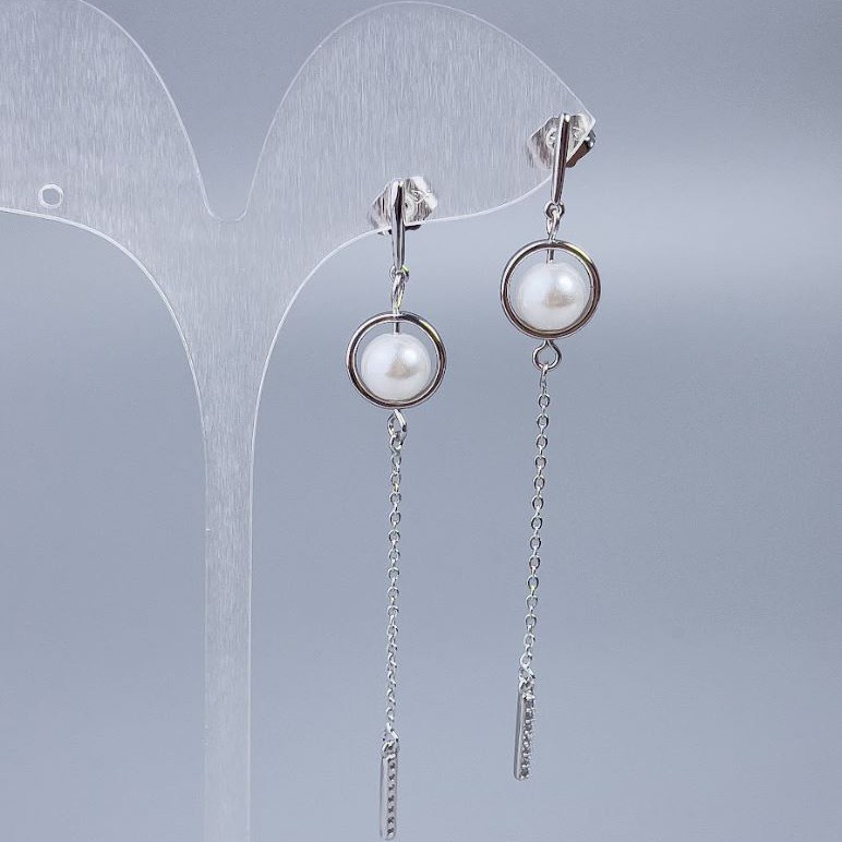 Stud Earrings Xuping with Majorca Pearl, Diameter 8mm, Length 7.5cm+- Rhodium
