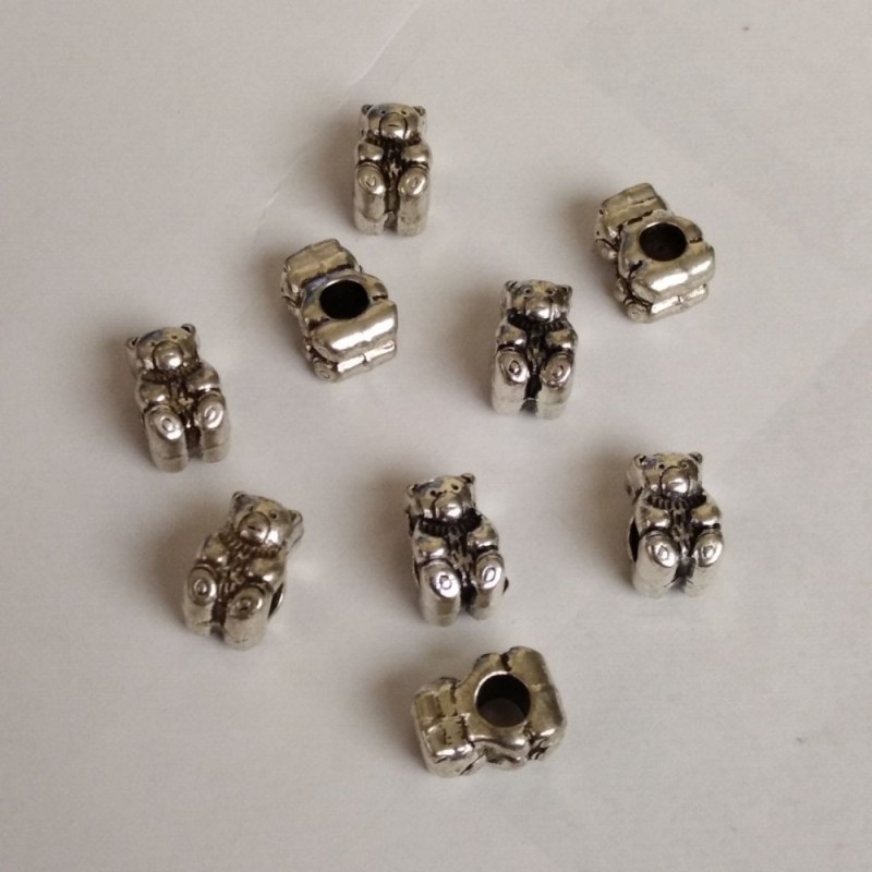 Findings Teddy Bear Beads, diameter 14x8mm +/- outer, hole diameter 5mm +/- silver metal (pack of 9pcs)