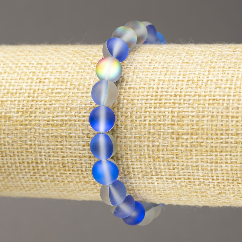 Elastic Bracelet Opal Glass Smooth Bead Blue Transparent Matte, Diameter 8mm+