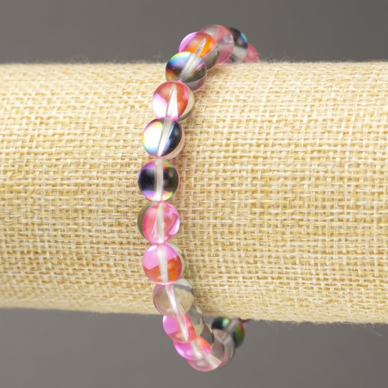 Elastic Bracelet, Opal Glass Smooth Ball, Transparent Pink, diameter 8mm +/-, length 18cm+