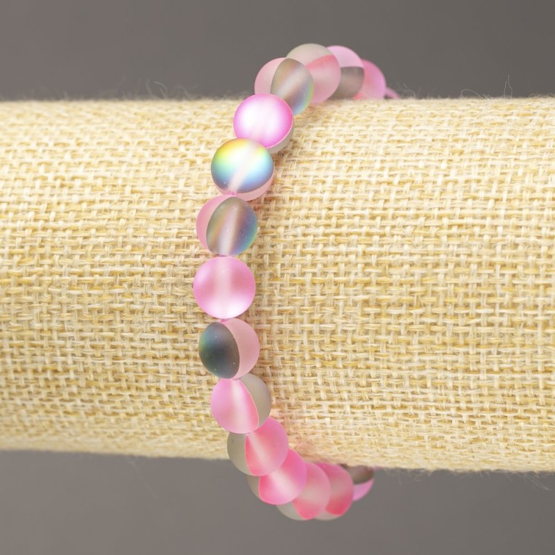 Elastic Bracelet, Opal Glass Smooth Ball, Matte Pink, diameter 8mm +/-, length 18cm+