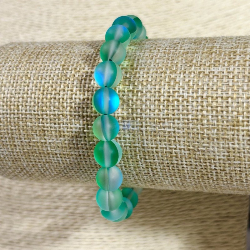 Elastic Bracelet Opal Glass Smooth Bead Blue-Green Matte, Diameter 8mm+/-, Length 18cm+