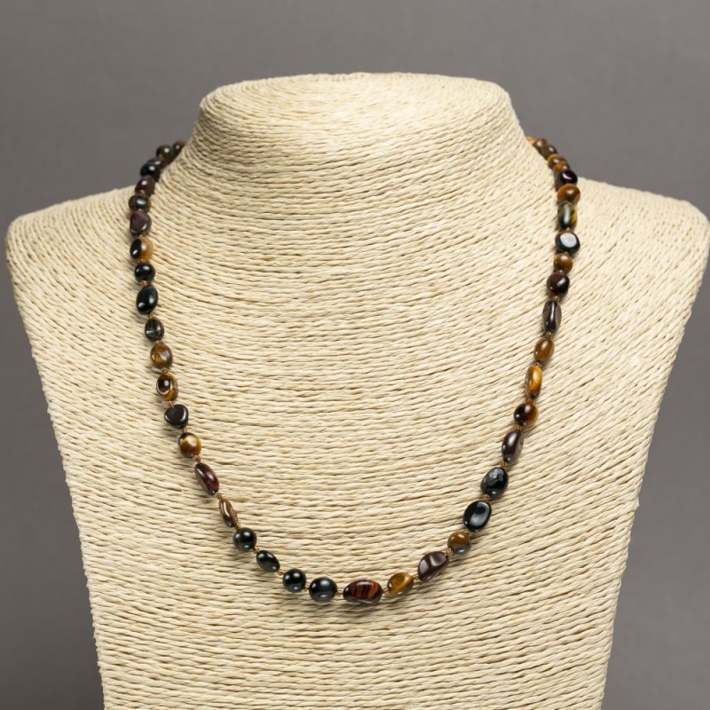 Necklace Natural Stone Tiger's Eye, Hawk's Eye, Bull's Eye Tumbled Bead, Diameter 8x6mm+/-, Length 45cm+
