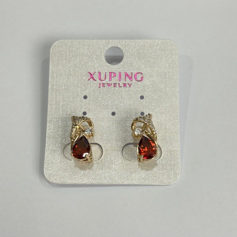 Xuping Earrings with Red Stones and White Rhinestones 8x15mm, 18K Gold Plated