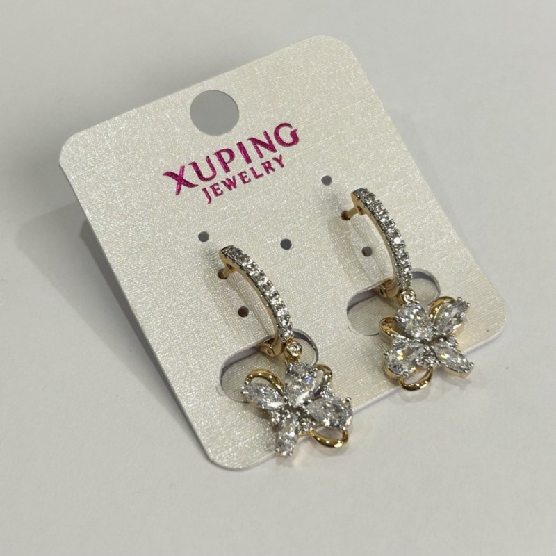 Xuping Earrings 18K Gold Plating and Rhodium with White Rhinestones, 28x12mm Diameter +