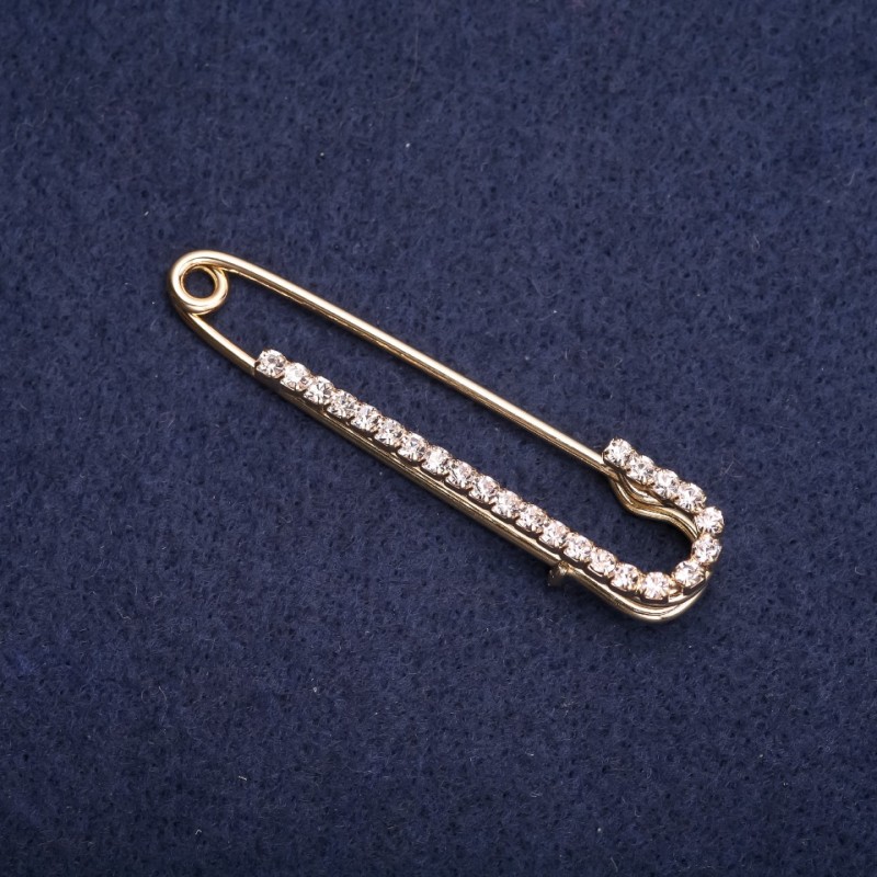 Pin Brooch with White Rhinestones 57x13mm, Yellow Metal