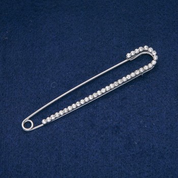Brooch Pin with Grey Stones, Silver-Toned Metal 16×101 mm