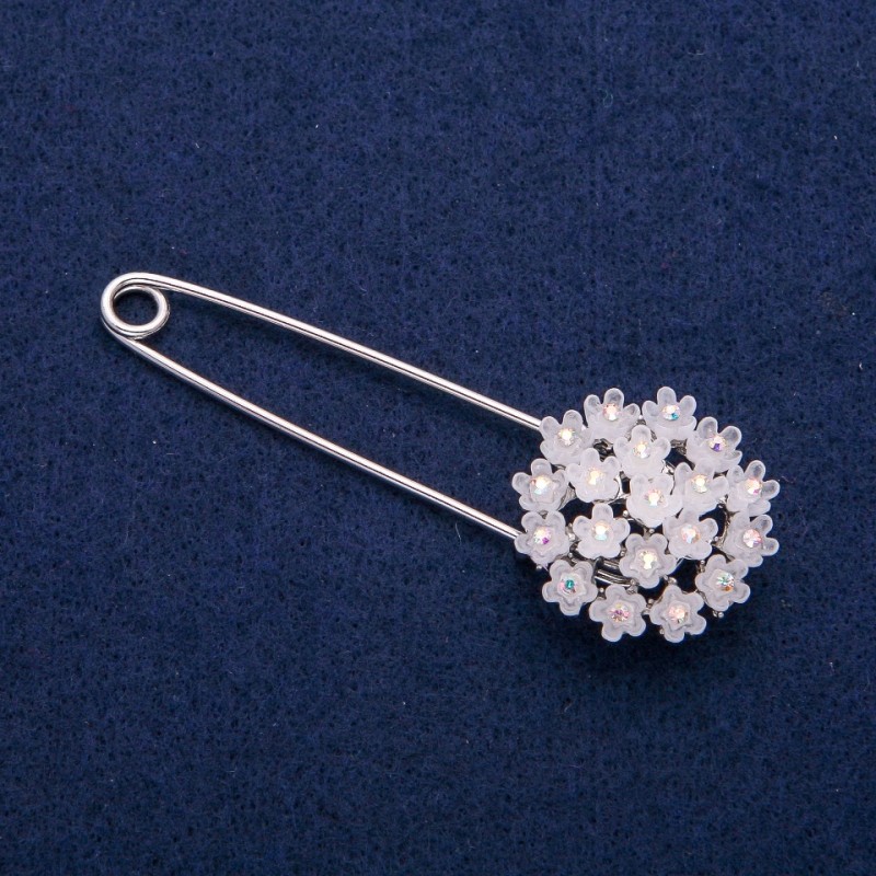 Hydrangea Pin Brooch, White with Crystals 29x78mm, Silver-Tone Metal