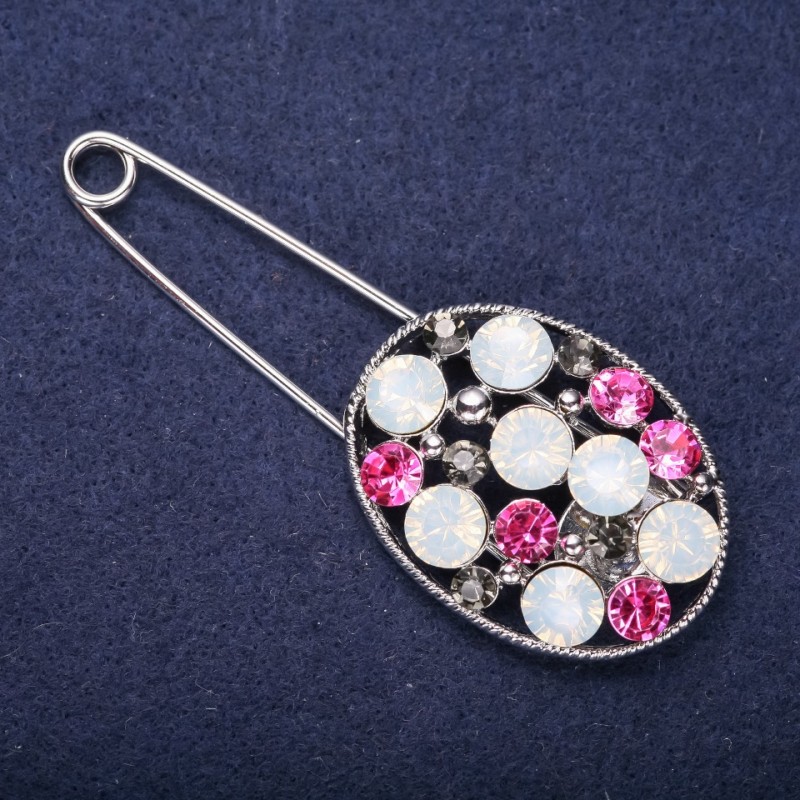 Clearance! Brooch Pin with colored stones – raspberry, white, green 80x30mm silver metal