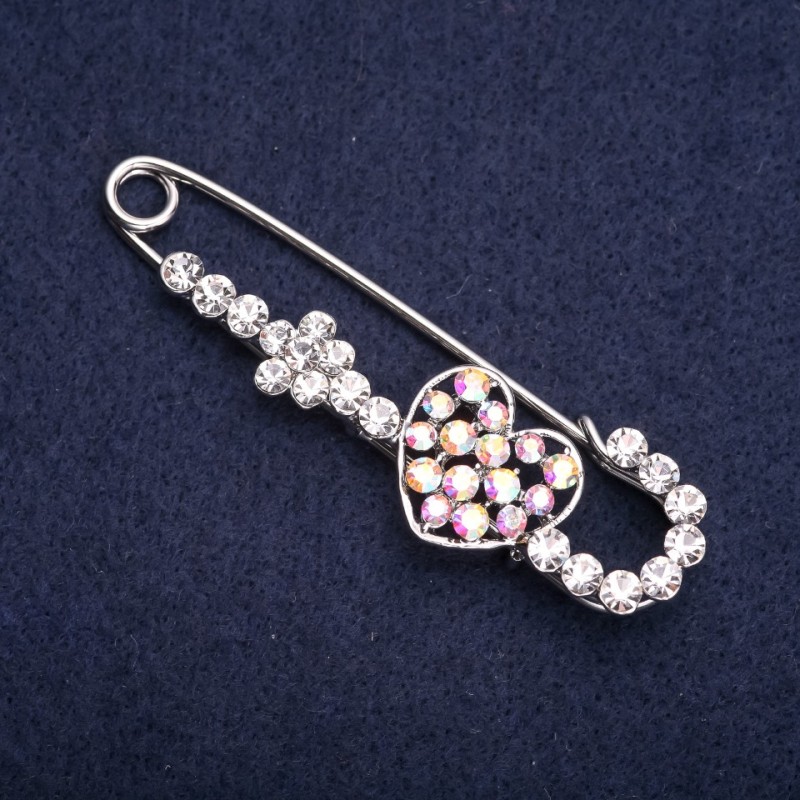 Heart Stick Pin Brooch with White Chameleon Rhinestones 70x20mm Silver-Tone Metal