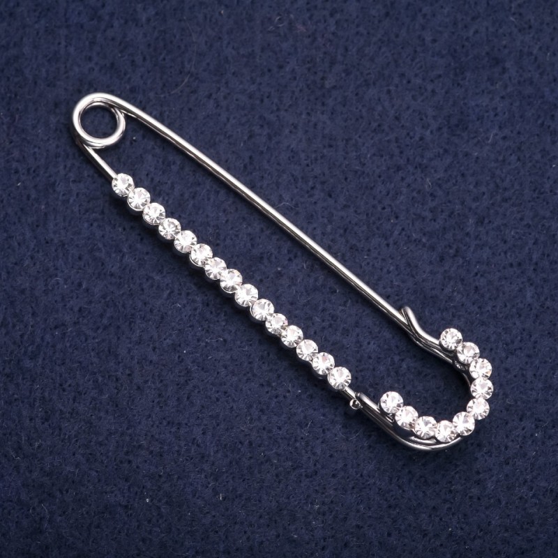 Stick Pin Brooch with White Rhinestones 70x15mm Silver-Tone Metal