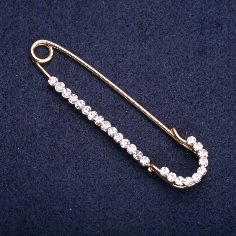 Stick Pin Brooch with White Rhinestones 70x16mm Gold-Tone Metal