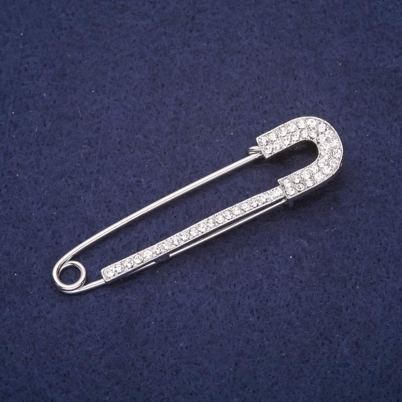 Stick Pin Brooch with White Rhinestones 72x18mm Silver-Tone Metal