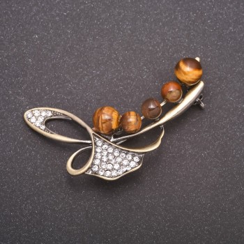 "Twig" Brooch with Natural Tiger's Eye Stone, bronze metal colour 58x36mm