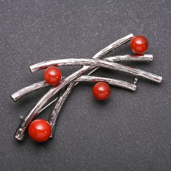 Large Accent Brooch with Natural Carnelian Stone, Grey Metal 70x32mm