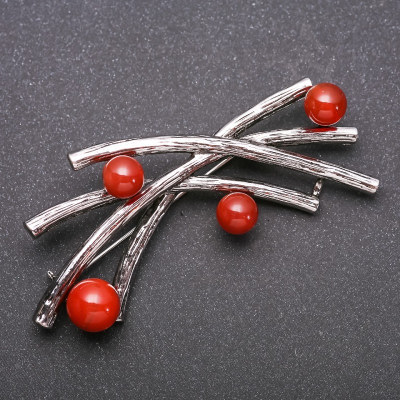Large Accent Brooch with Natural Carnelian Stone, Grey Metal 70x32mm