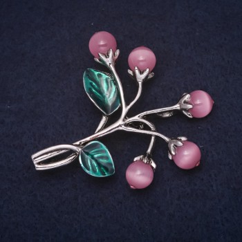 Berries Cat's Eye Brooch 48x55mm, Pink and Green Enamel, Silver-Tone Metal