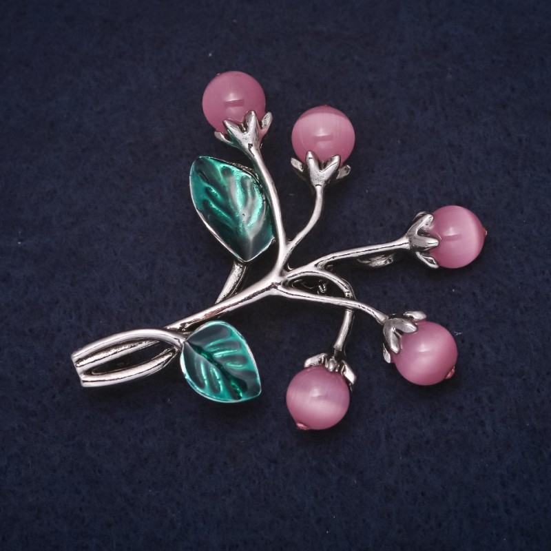 Berries Cat's Eye Brooch 48x55mm, Pink and Green Enamel, Silver-Tone Metal