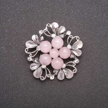 Brooch with Natural Rose Quartz Stone, Boutonniere, Grey Metal Colour 40mm