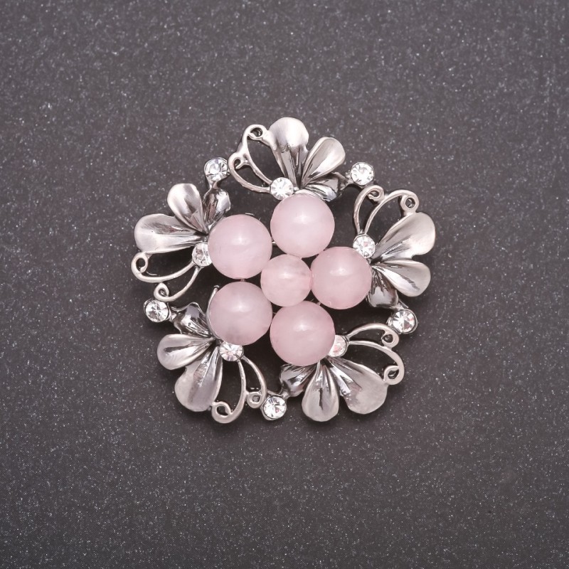 Brooch with Natural Rose Quartz Stone, Boutonniere, Grey Metal Colour 40mm