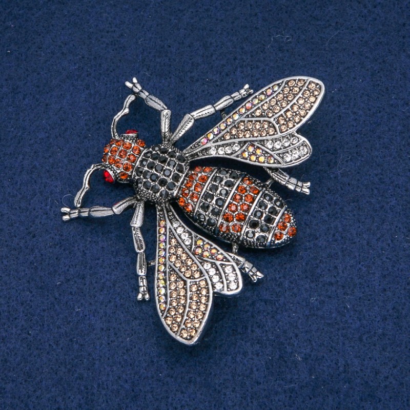 Butterfly Brooch, Gold, Black and Petrol Rhinestones, Dark Silver-Tone Metal 70x55mm +