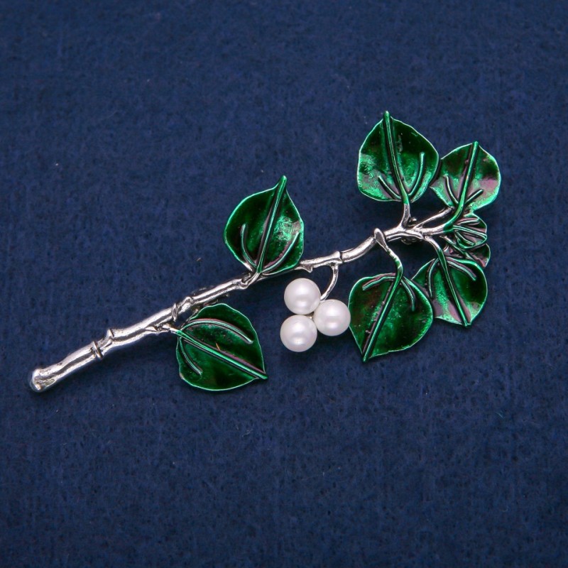 Berries on a Twig Brooch, Majorica Pearls and Green Enamel, Silver-Tone Metal 38x83mm