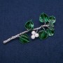 Berries on a Twig Brooch, Majorica Pearls and Green Enamel, Silver-Tone Metal 38x83mm