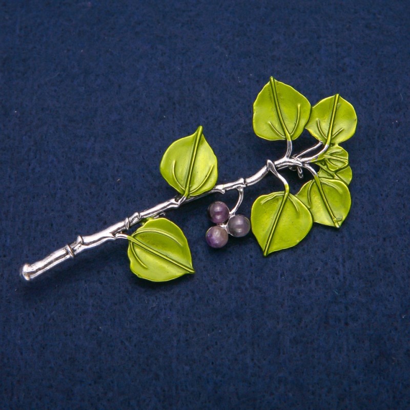 Berries on a Branch Brooch, Amethyst and Green Enamel, Silver-tone Metal 38x83mm