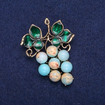 Grape Brooch with Amazonite and Green Enamel, Gold-Tone Metal 40x50mm