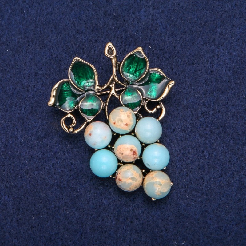Grape Brooch with Amazonite and Green Enamel, Gold-Tone Metal 40x50mm