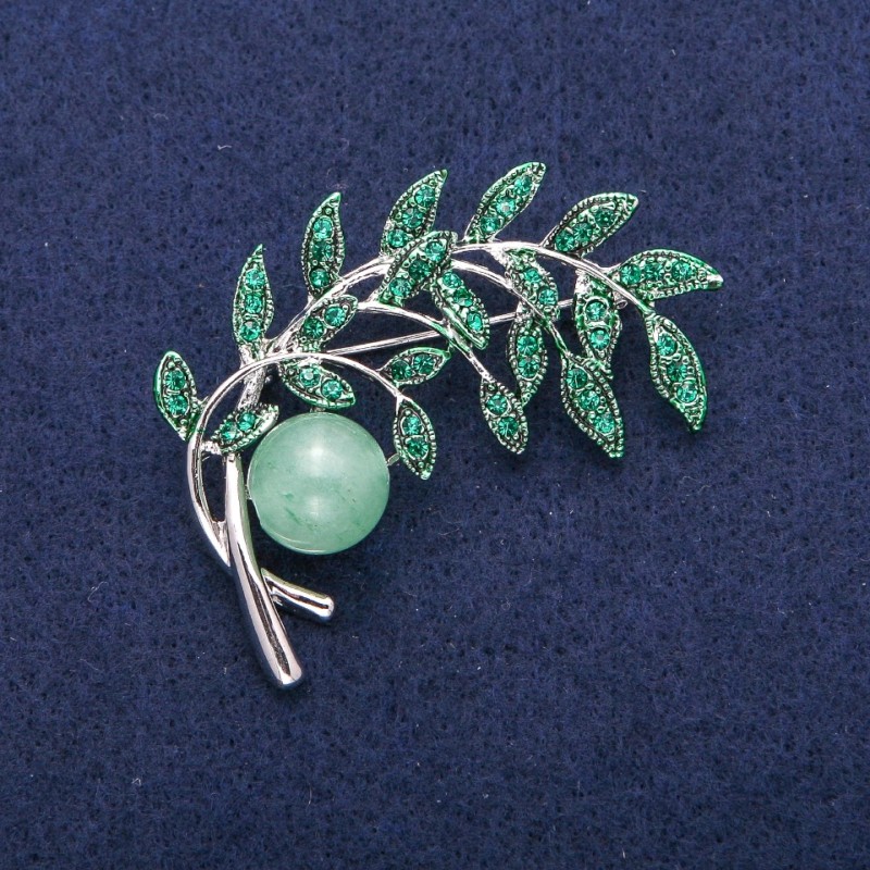 Twig Brooch with Jade Bead, Green Enamel and Rhinestones, Silver-Tone Metal 44x52mm