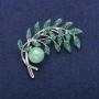 Twig Brooch with Jade Bead, Green Enamel and Rhinestones, Silver-Tone Metal 44x52mm
