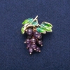Grape Pendant Brooch with Amethyst Beads and Green Enamel, Gold-Tone Metal 35x45mm