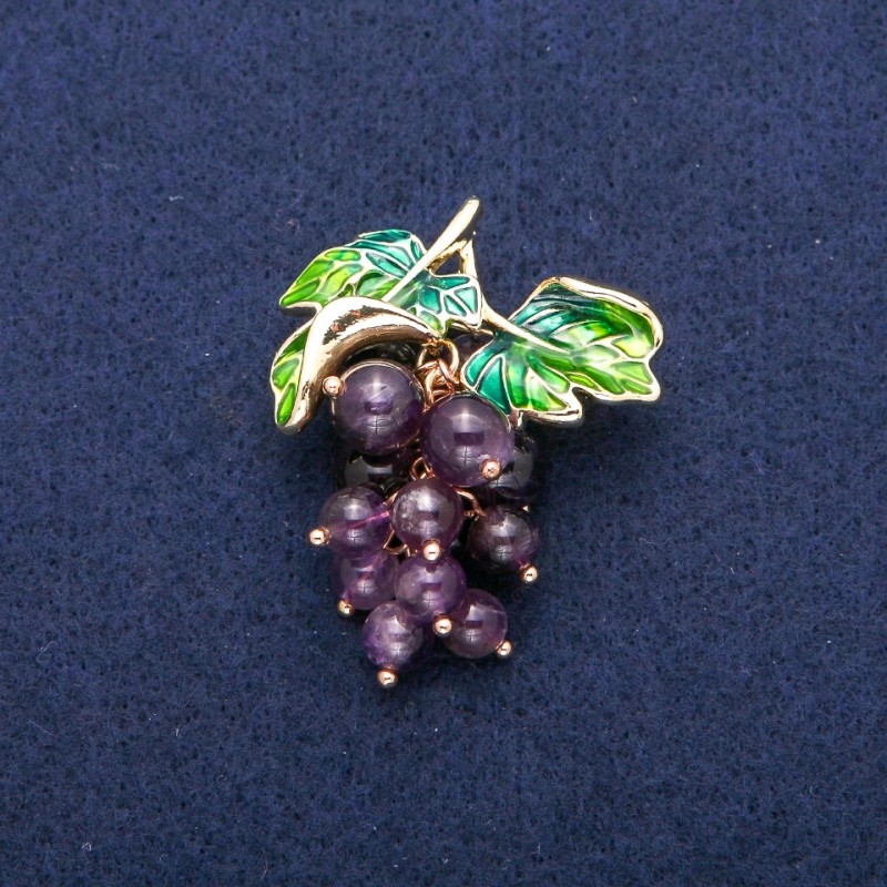 Grape Pendant Brooch with Amethyst Beads and Green Enamel, Gold-Tone Metal 35x45mm