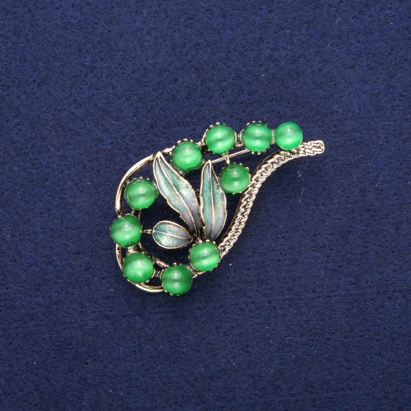 Twig Brooch with Green Cat's Eye and Enamel, Gold-Tone Metal 28x52mm