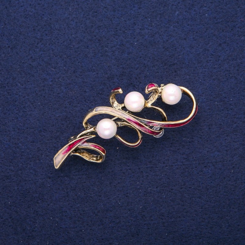 Twig Brooch with Majorica Pearls and Burgundy Enamel, Gold-Tone Metal 24x60mm