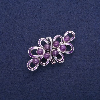 Brooch with Amethyst and Purple Enamel, Silver-Tone Metal 30x57mm