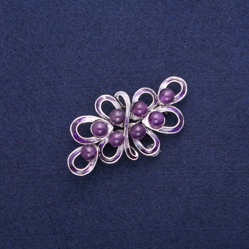 Brooch with Amethyst and Purple Enamel, Silver-Tone Metal 30x57mm
