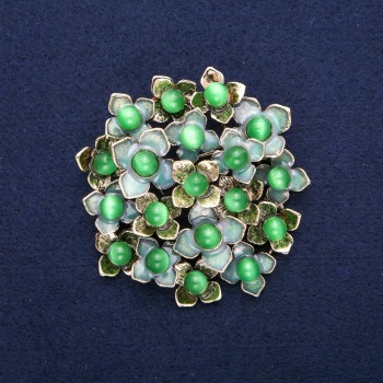 'Flowers' Brooch with Cat's Eye, Green Enamel, Gold-Tone Metal, 60x62mm
