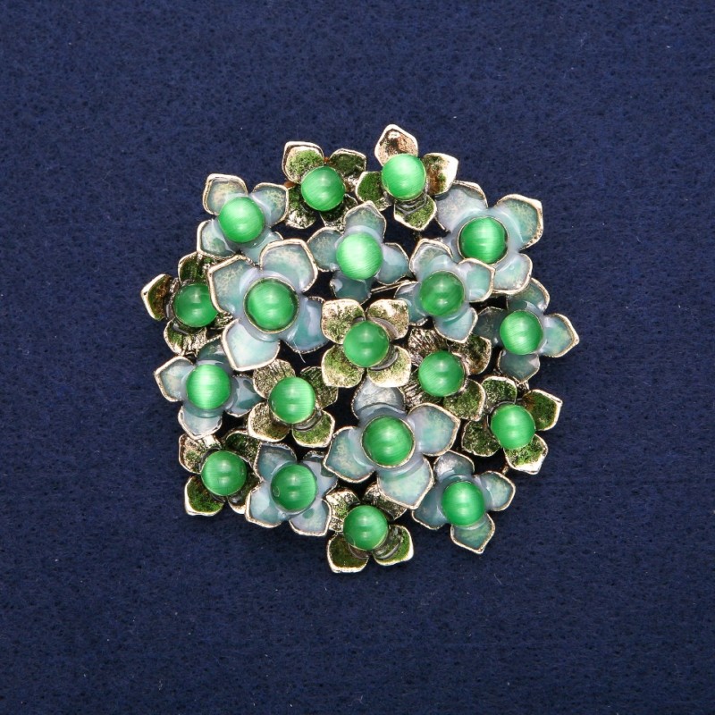 'Flowers' Brooch with Cat's Eye, Green Enamel, Gold-Tone Metal, 60x62mm