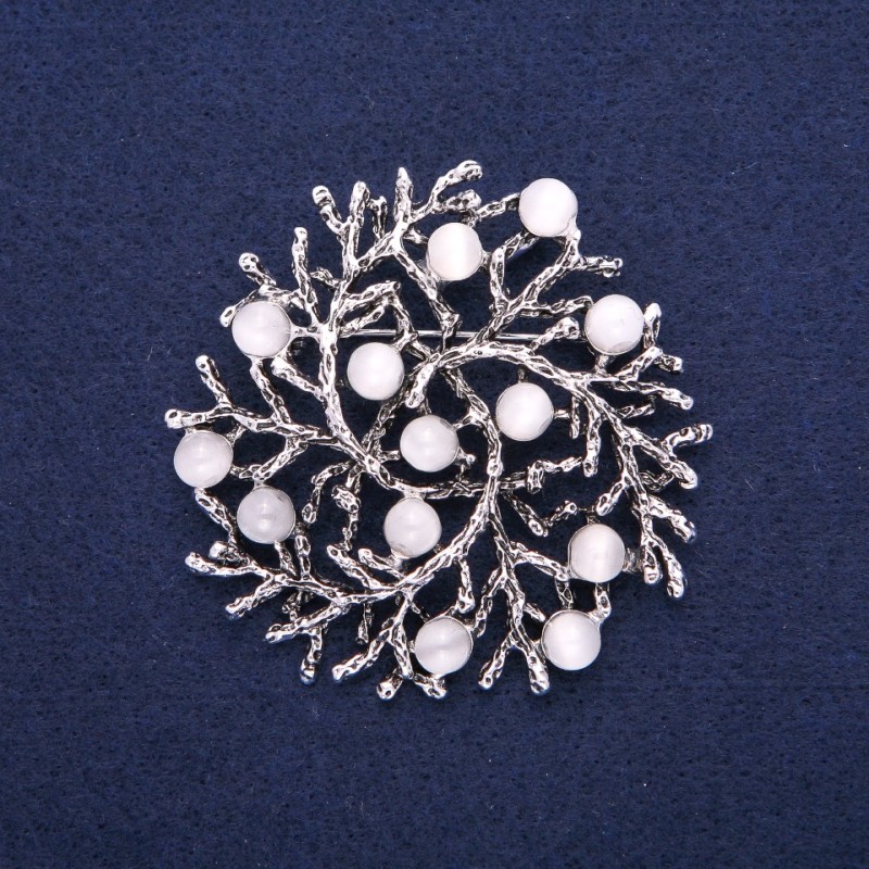 Brooch-Pendant "Twigs" White Cat's Eye, Silver-Tone Metal, 60mm