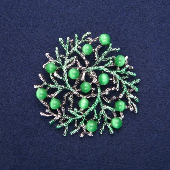 'Twigs' Pendant Brooch with Cat's Eye, Green Enamel, Silver-Tone Metal, 60mm